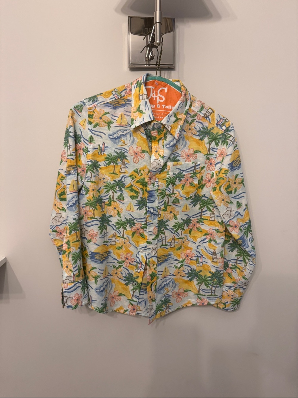 Crewcuts Tropical Print Button-Down Shirt - Light Blue, Yellow, Green
